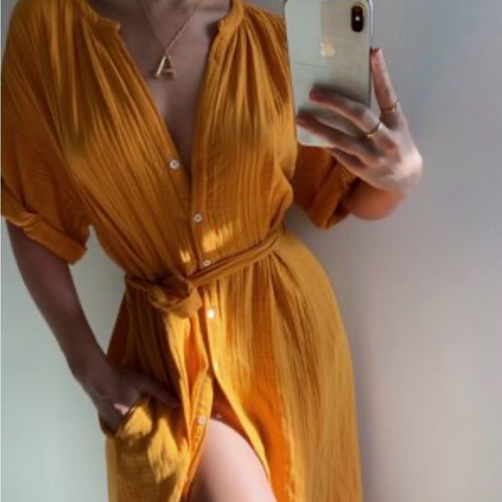 XiRENA Mustard Yellow Midi Shirt Dress